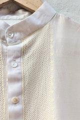 Men's Cot-silk Chanderi Off White Aari Work straight Kurta - (Mandarin Collar)
