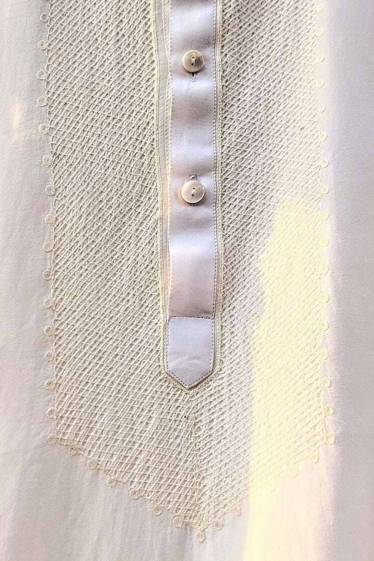 Men's-Chanderi Off White Aari Work straight Kurta - (Mandarin Collar)-bihart