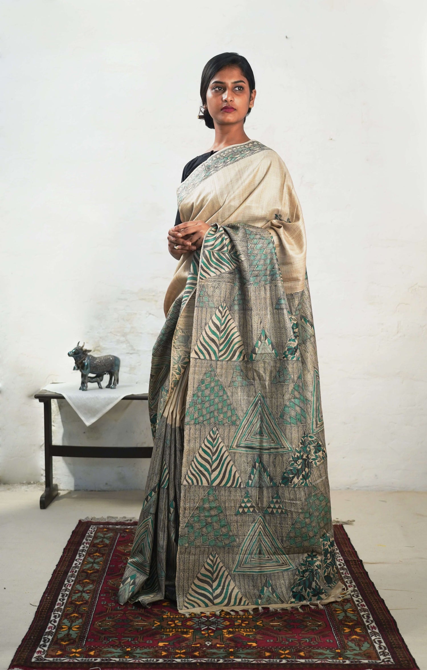 Handwoven-Wild silk Saree with Hand Painted Madhubani-bihart