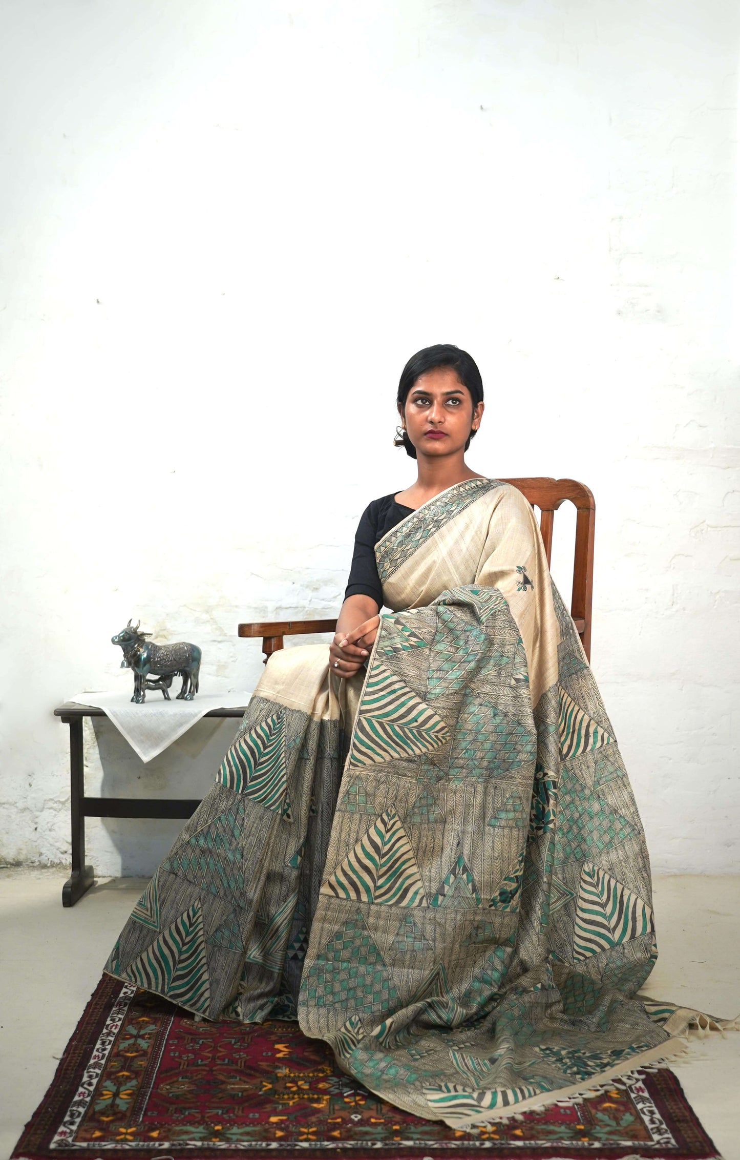 Handwoven-Wild silk Saree with Hand Painted Madhubani-bihart