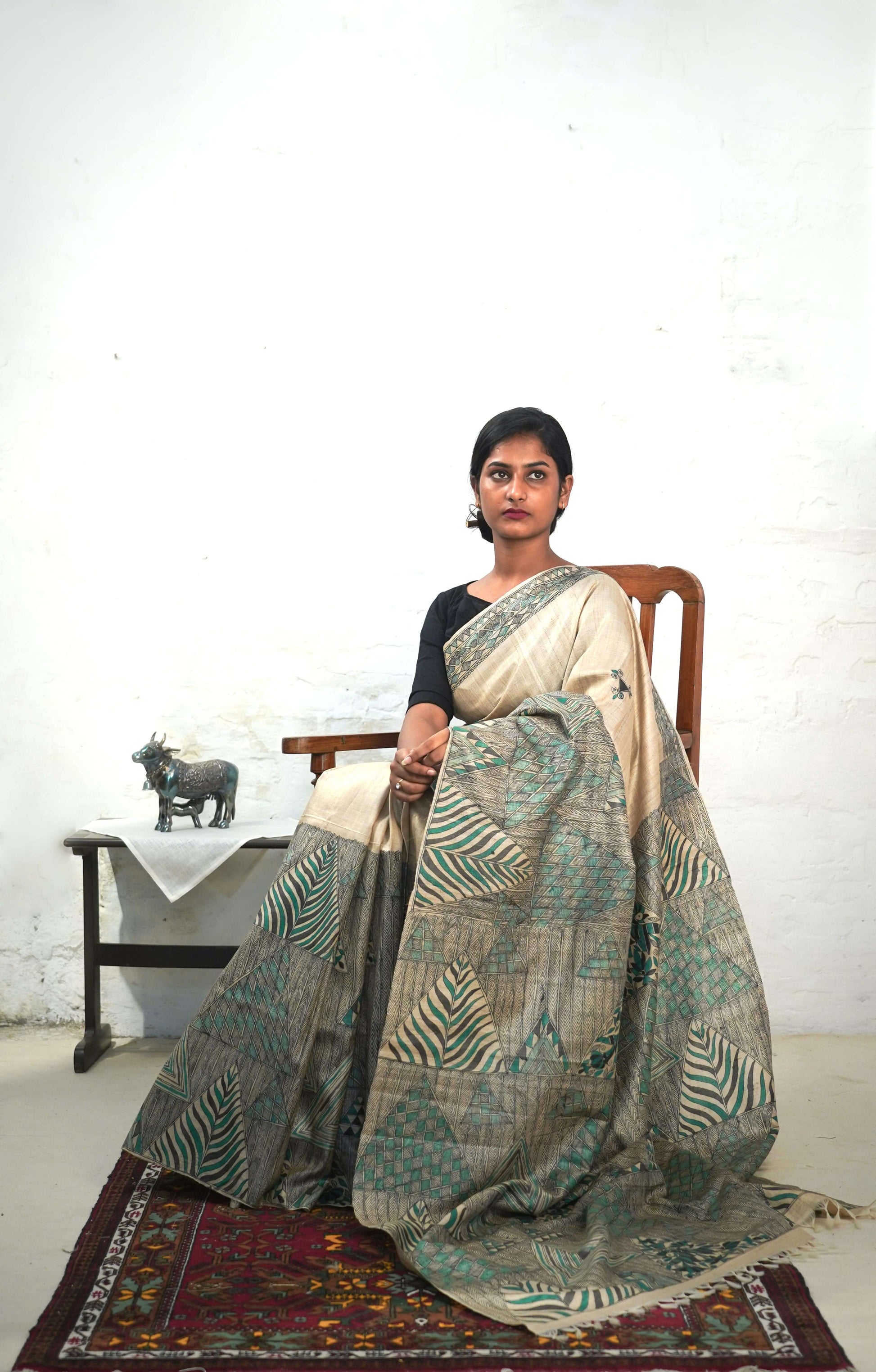 Handwoven-Wild silk Saree with Hand Painted Madhubani-bihart