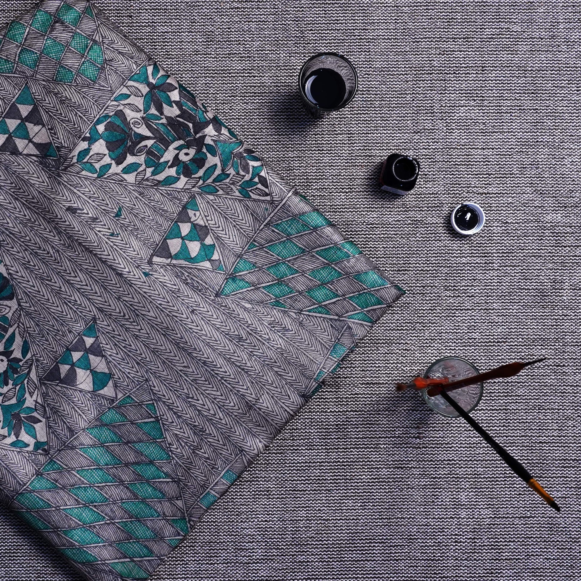 Handwoven-Wild silk Saree with Hand Painted Madhubani-bihart