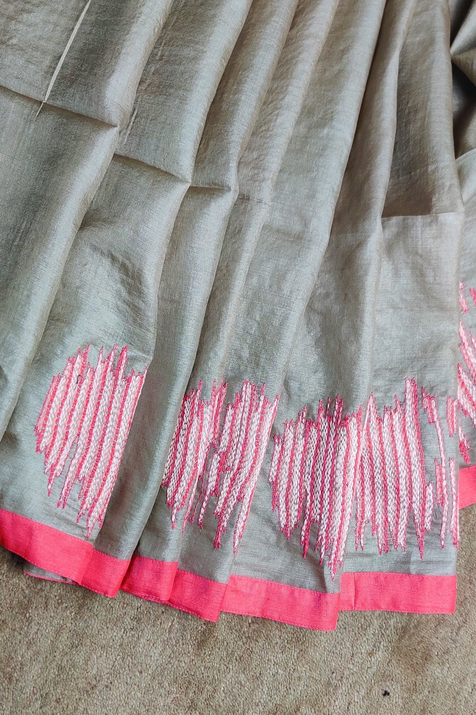 Champagne-Wild Silk Saree Hand Embroidered in Sujani-bihart