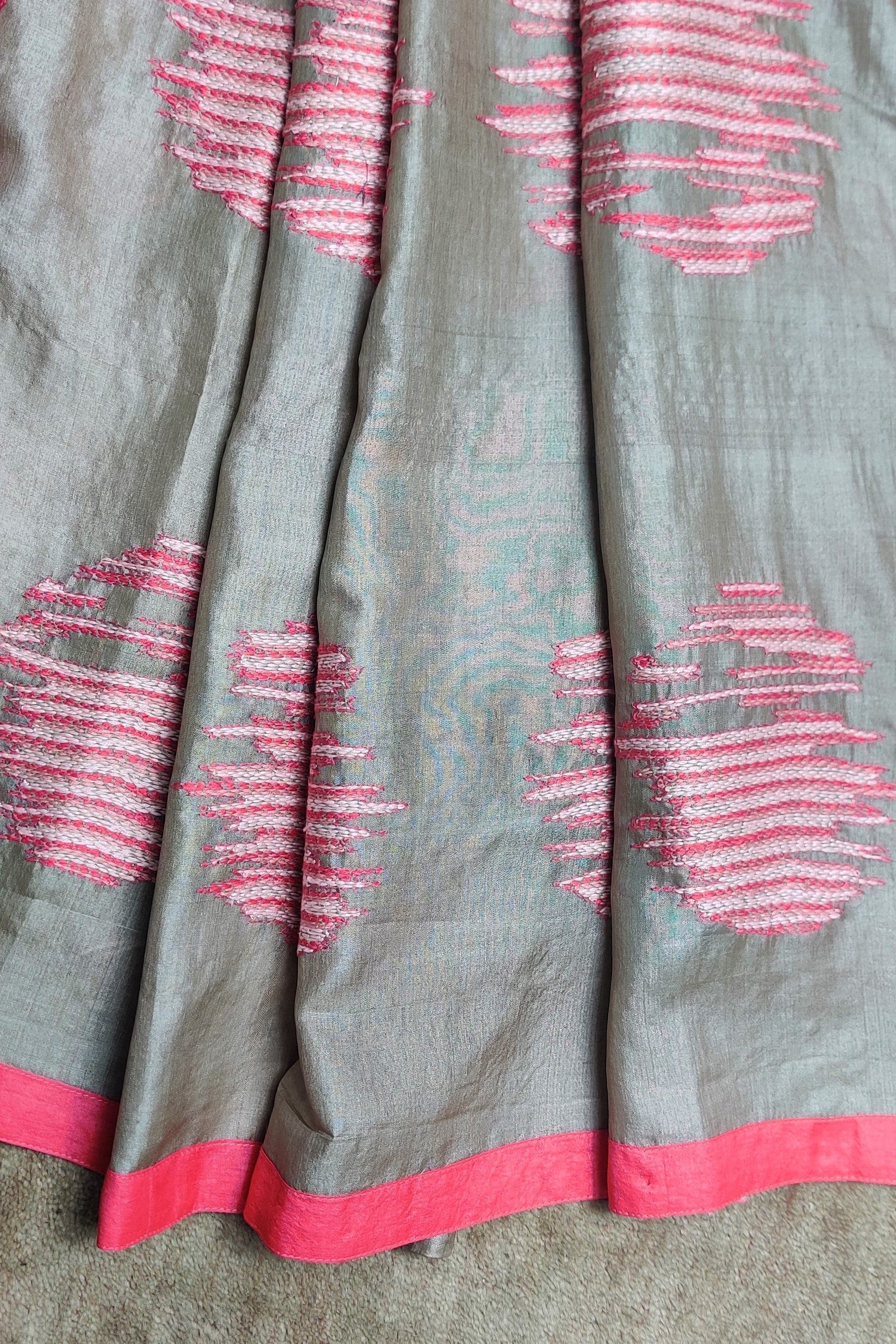 Champagne-Wild Silk Saree Hand Embroidered in Sujani-bihart