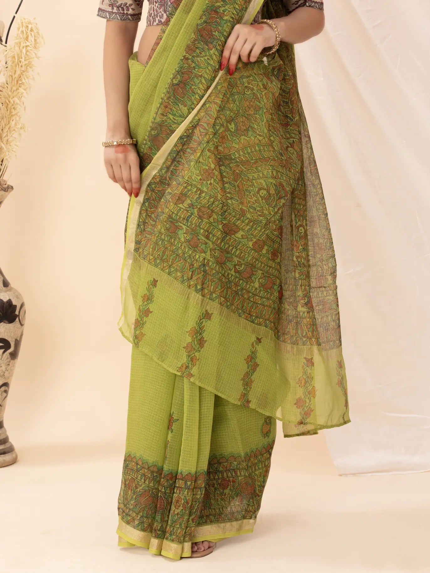 Green Kota Saree with Madhubani painting
