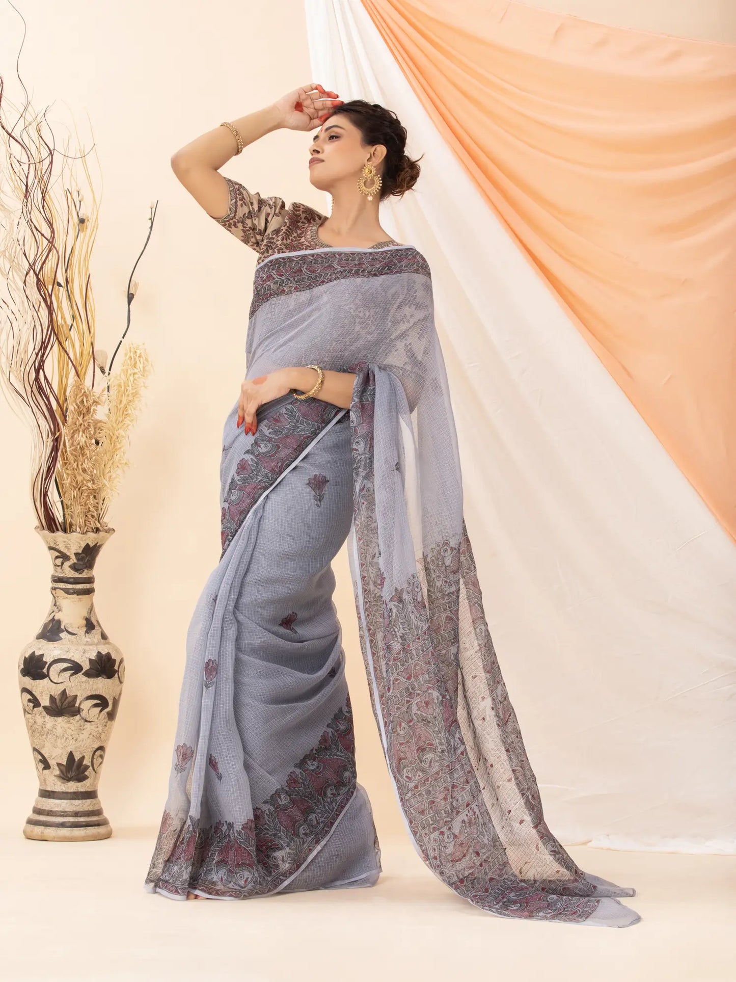 Grey Kota Saree with Madhubani painting