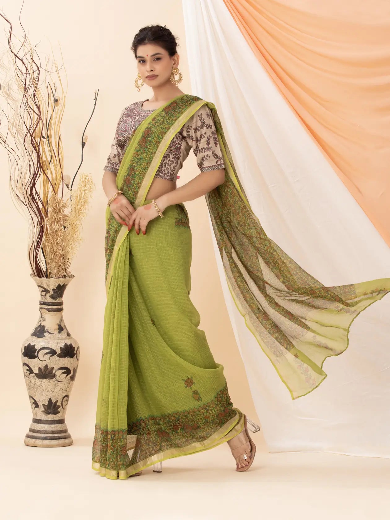 Green Kota Saree with Madhubani painting