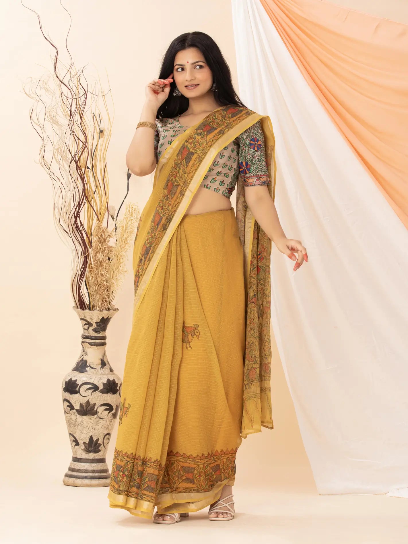 Mustard Yellow Kota Saree with Madhubani painting