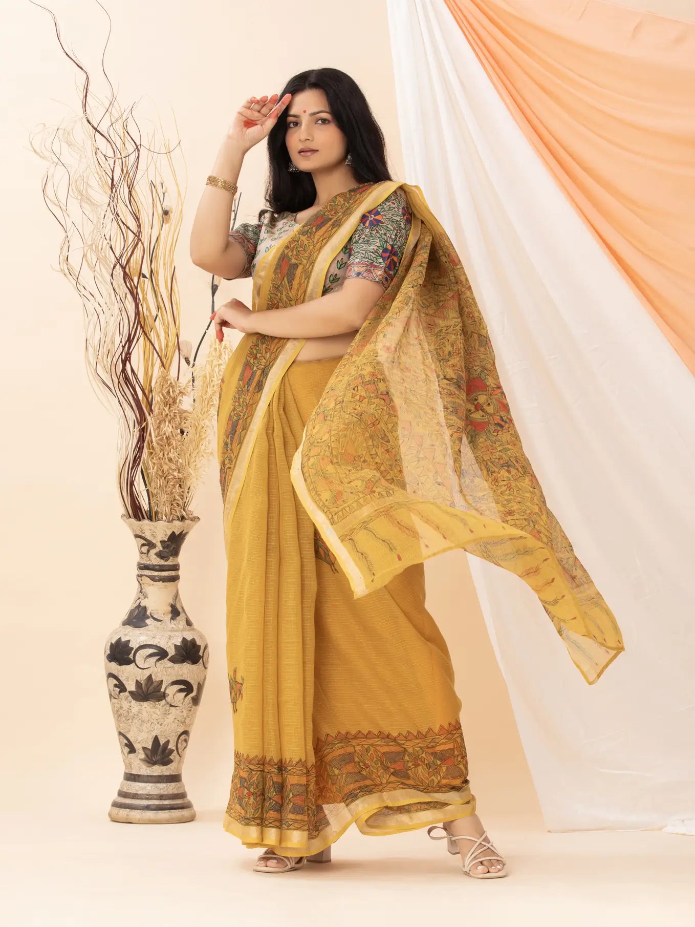 Mustard Yellow Kota Saree with Madhubani painting