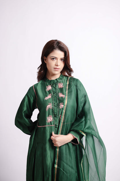 Green-Bird Motif Applique & Sujani Kurta Set with Kota Silk Dupatta-bihart