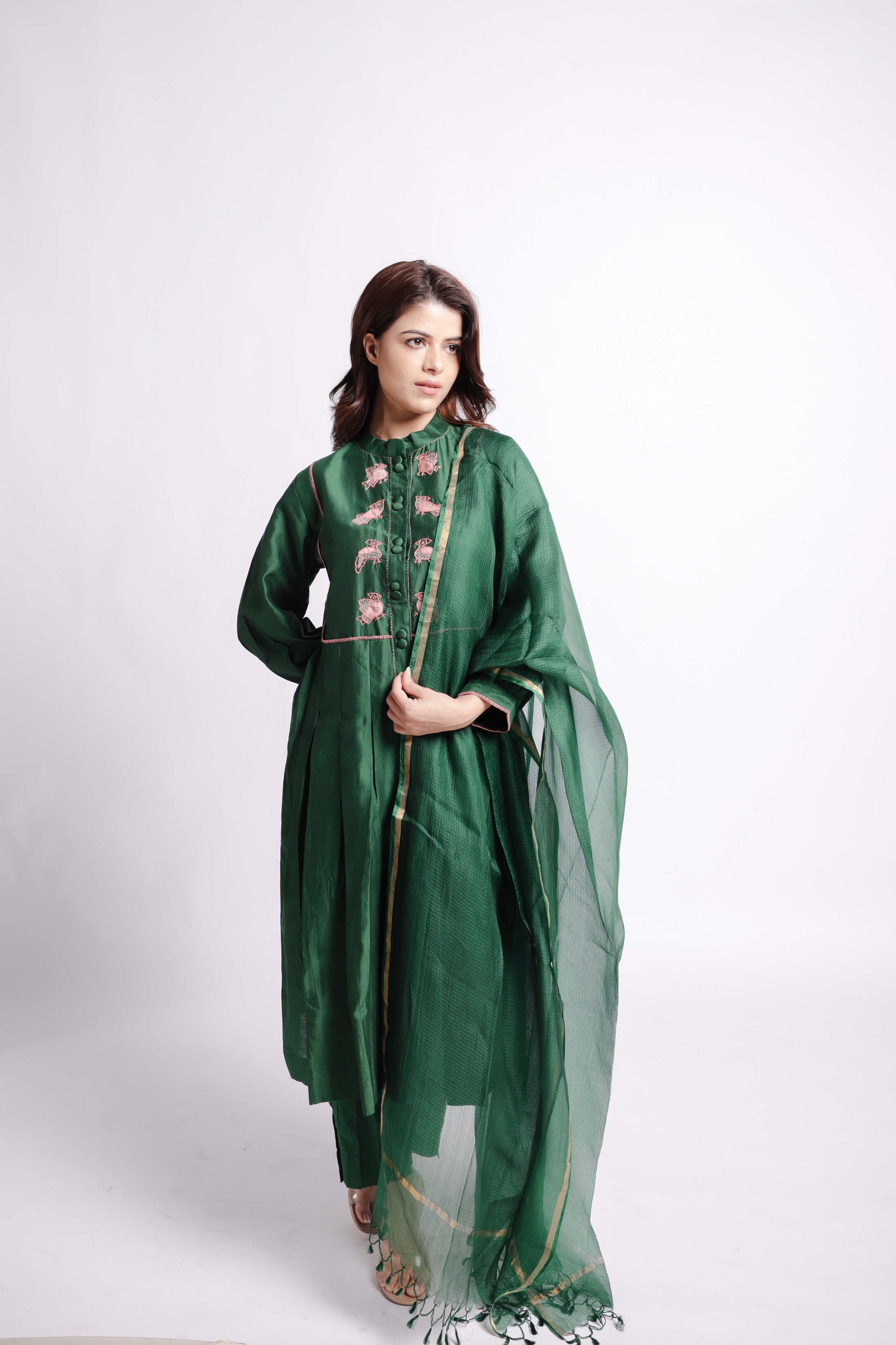 Green-Bird Motif Applique & Sujani Kurta Set with Kota Silk Dupatta-bihart