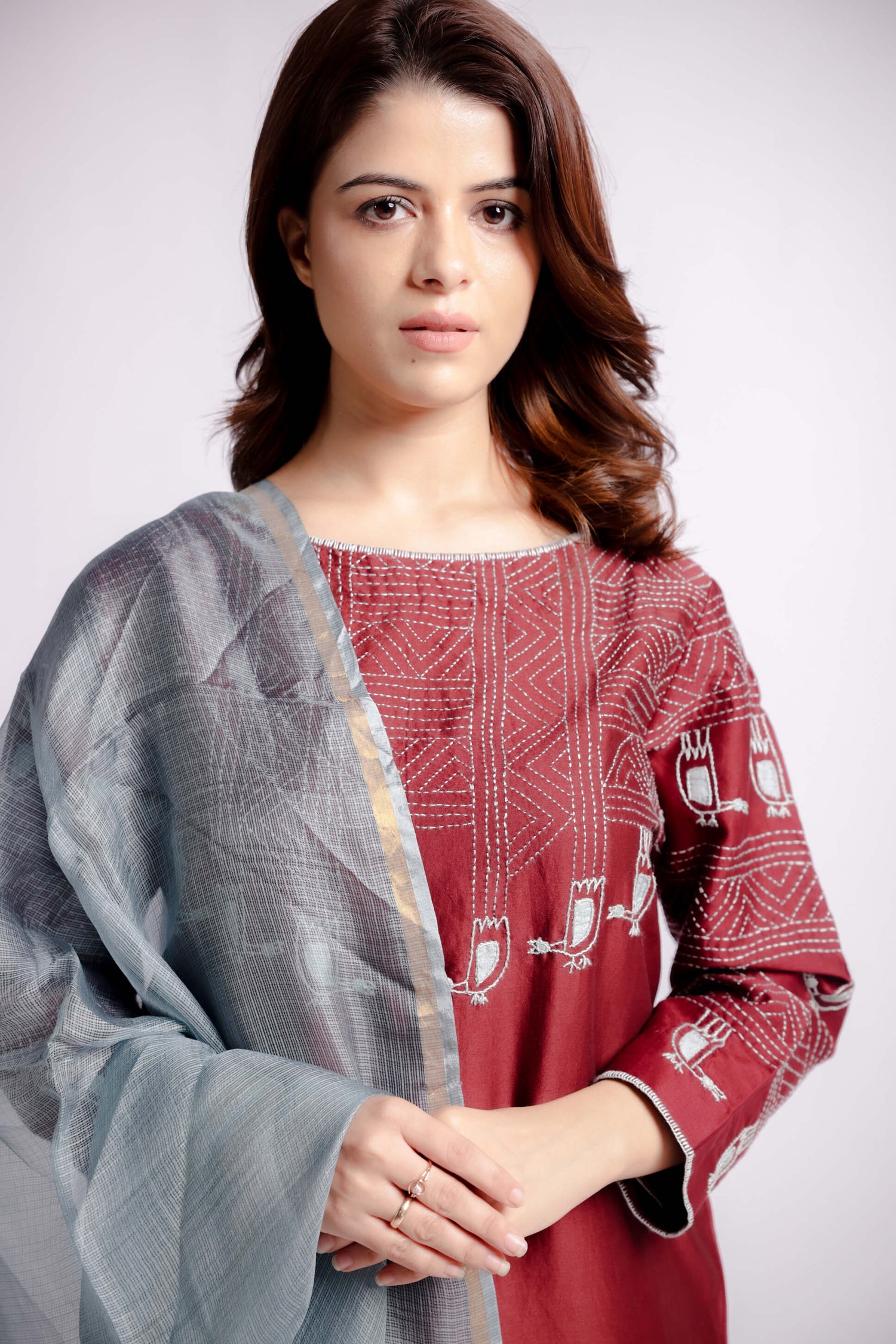 Maroon-Applique and Sujani Kurta Set with Kota Silk Dupatta-bihart