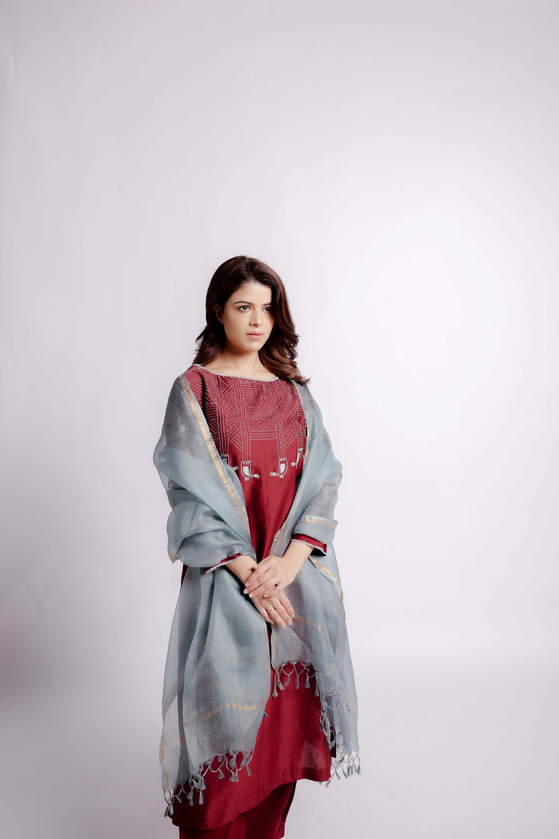 Maroon-Applique and Sujani Kurta Set with Kota Silk Dupatta-bihart