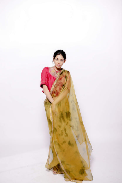 Kota-Silk Hand Tie and Dye Olive Green Saree-bihart