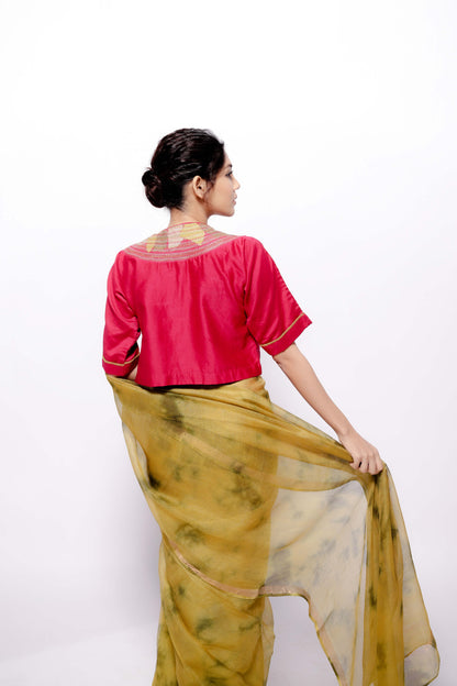 Chanderi-Pink Crop Top with Sujani Work on Neck line.-bihart