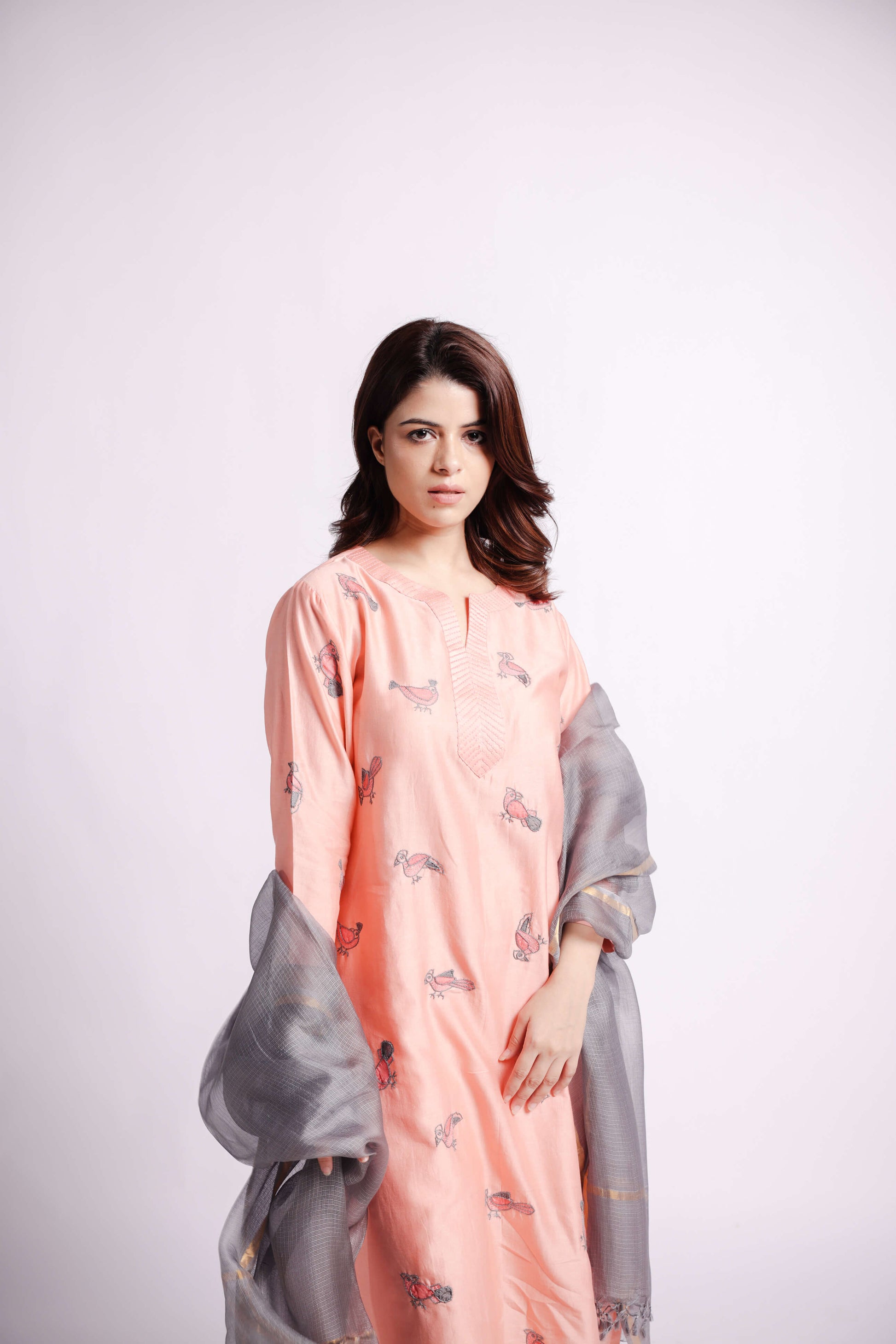 Peach-Bird Applique and Sujani Kurta Set with Kota Silk Dupatta-bihart