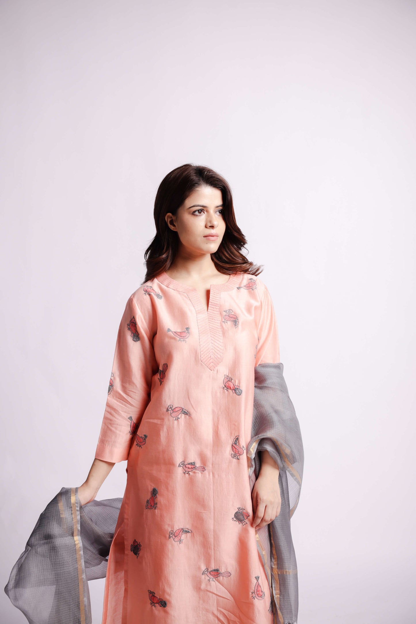 Peach-Bird Applique and Sujani Kurta Set with Kota Silk Dupatta-bihart