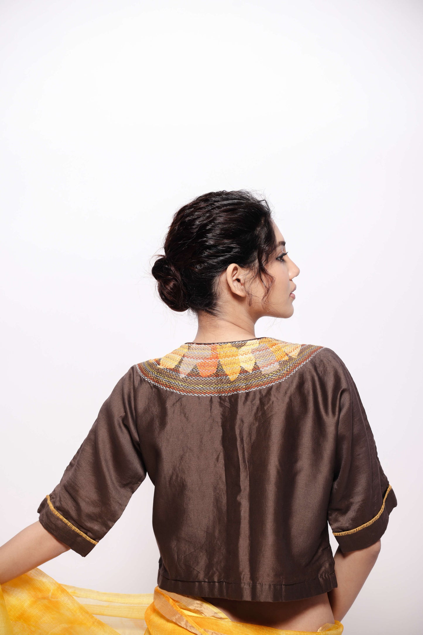 Chanderi-Deep Grey Crop Top With Sujani Work on Neckline.-bihart