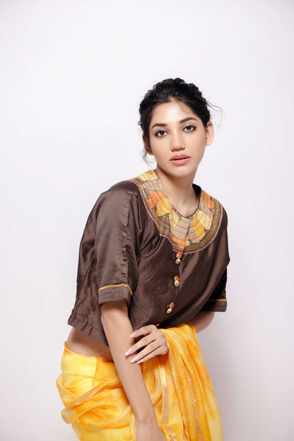 Chanderi-Deep Grey Crop Top With Sujani Work on Neckline.-bihart