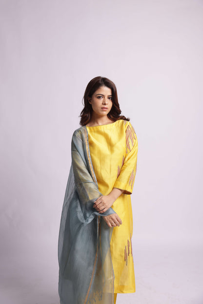 Yellow Sujani Kurta Set with Light Blue Kota Silk Dupatta