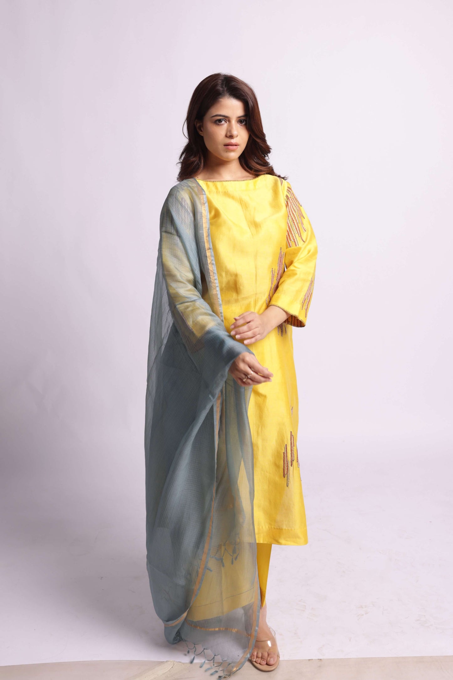 Yellow Sujani Kurta Set with Light Blue Kota Silk Dupatta