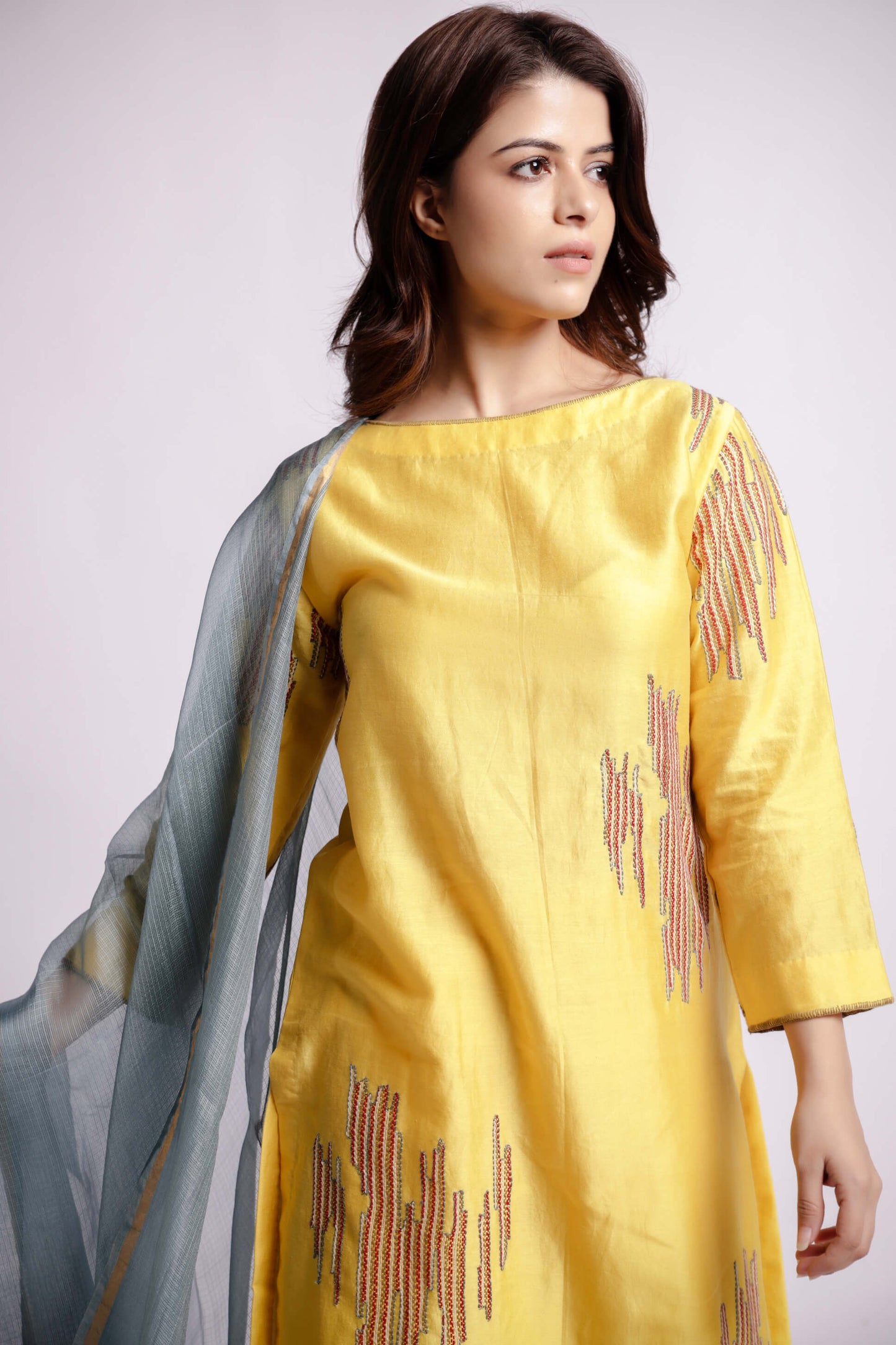 Yellow-Sujani Kurta Set with Light Blue Kota Silk Dupatta-bihart