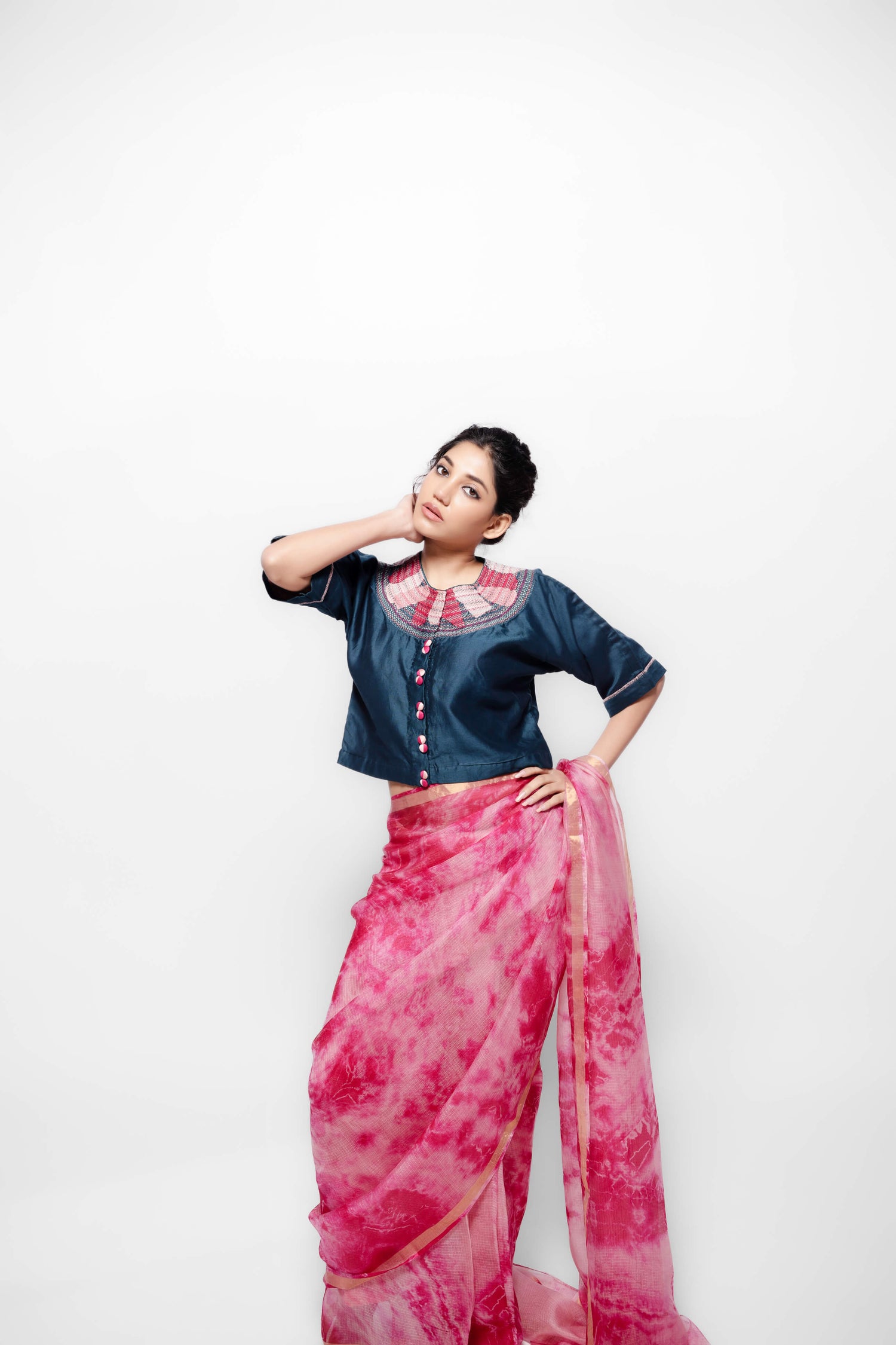 Chanderi-Teal Crop Top with Sujani Embroidery on Neckline.-bihart