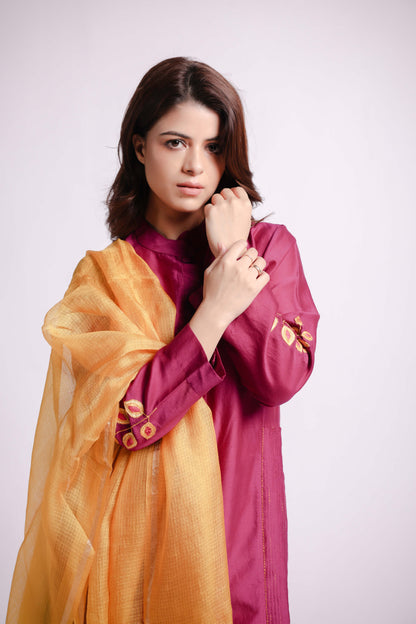 Magenta Pink-Applique and Sujani Kurta Set with Kota Silk Dupatta-bihart