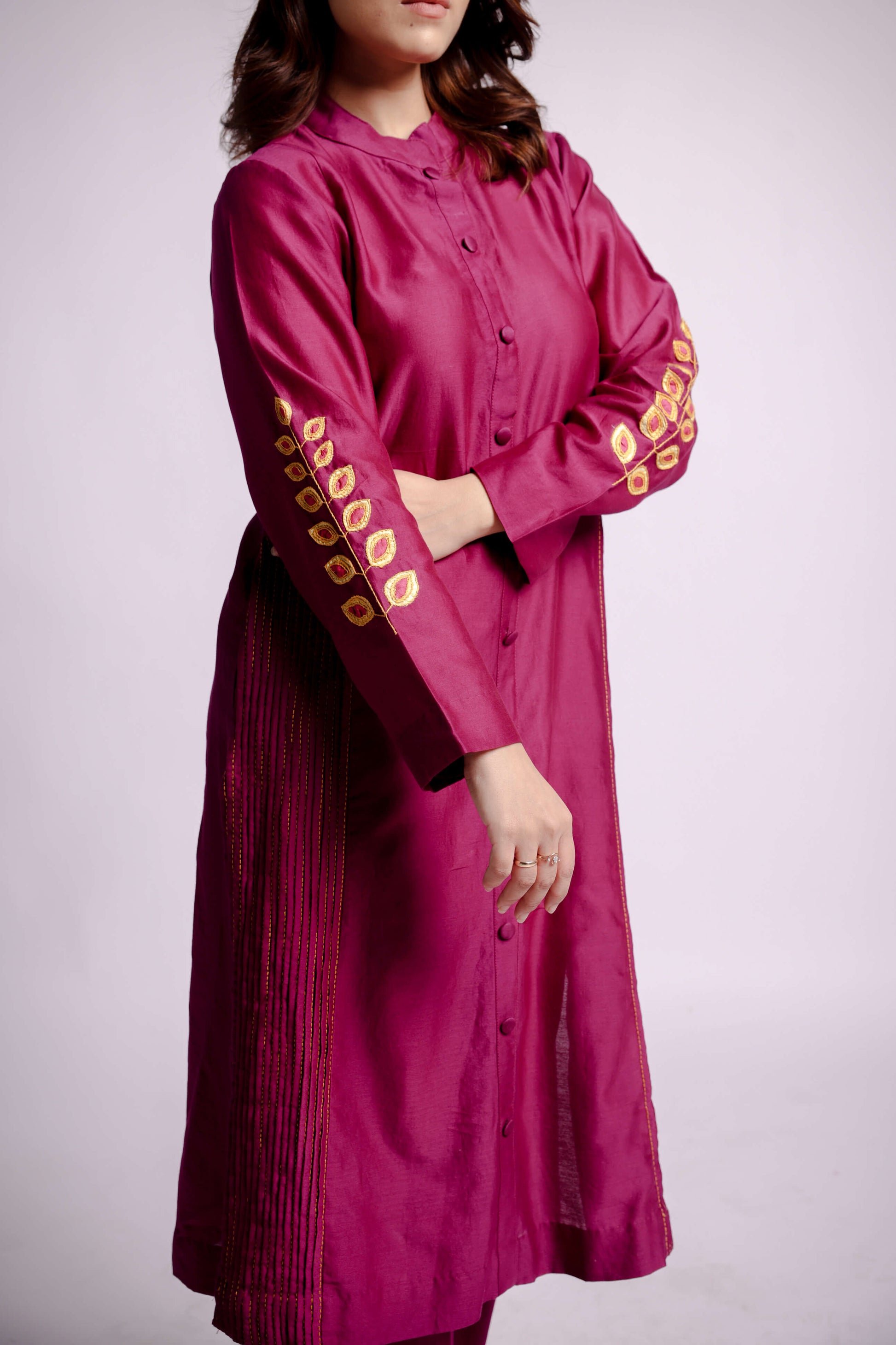 Magenta-Pink Applique and Sujani Kurta Set with Kota Silk Dupatta-bihart