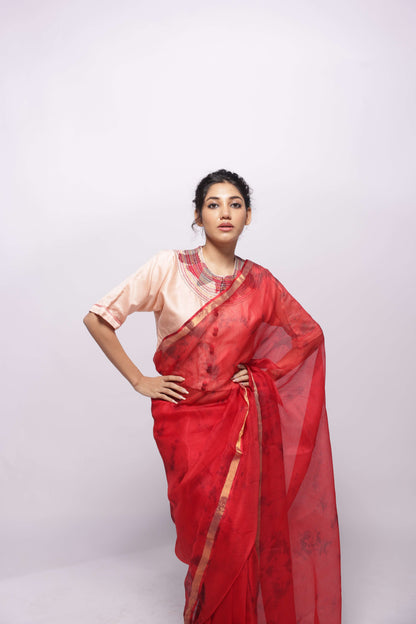 Red Kota-Silk Hand Tie and Dye Saree