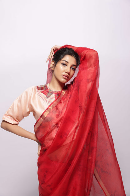 Red Kota-Silk Hand Tie and Dye Saree