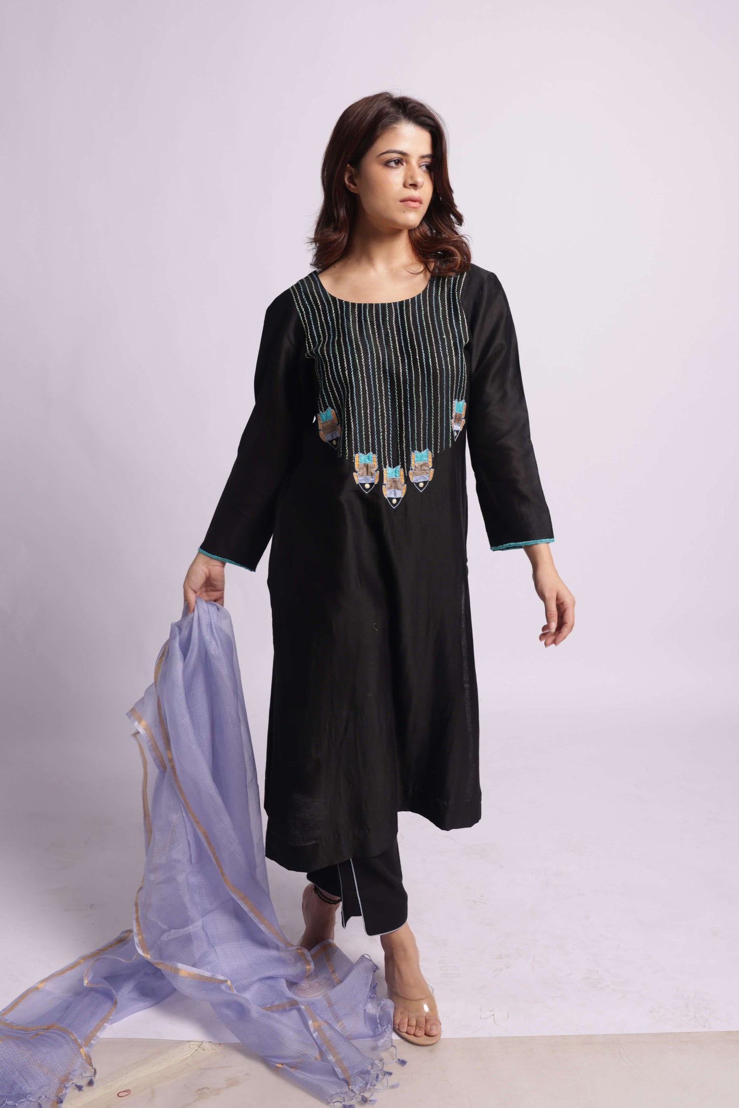 Black Applique and Sujani Kurta Set with Kota Silk Dupatta