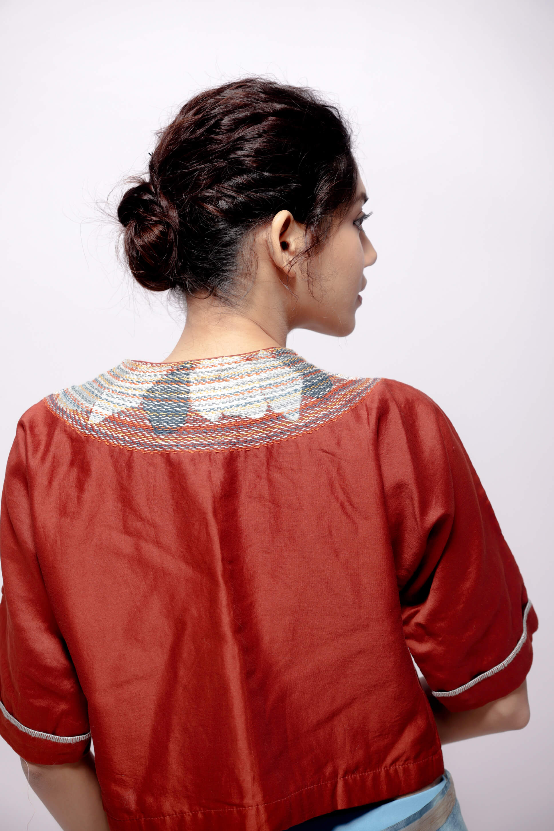 Chanderi-Rust Crop Top With Sujani Work on Neck line.-bihart