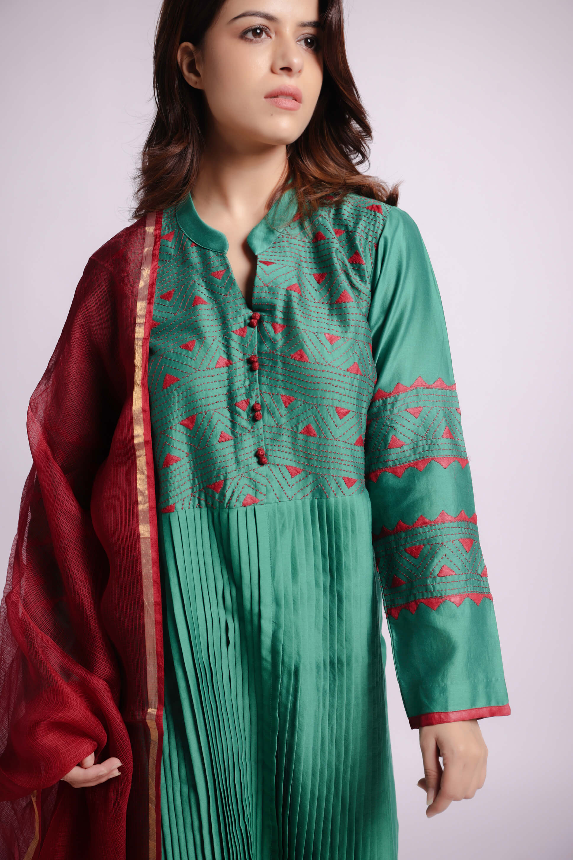 Green-Geometric Applique and Sujani Kurta Set with Kota Silk Dupatta-bihart