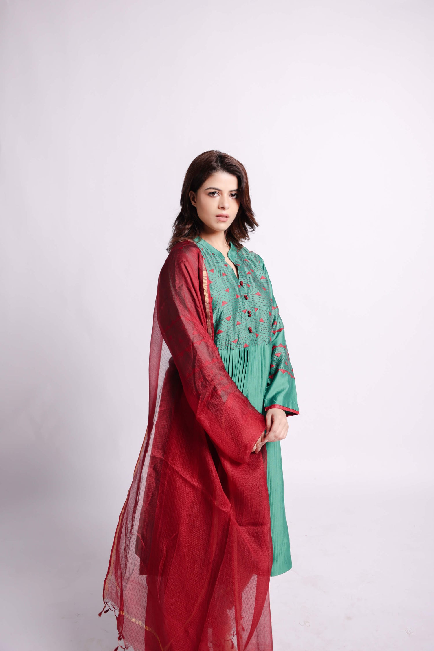 Green-Geometric Applique and Sujani Kurta Set with Kota Silk Dupatta-bihart