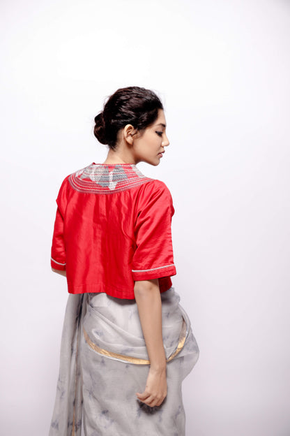 Chanderi-Red Crop Top with Sujani Embroidery on Neckline.-bihart