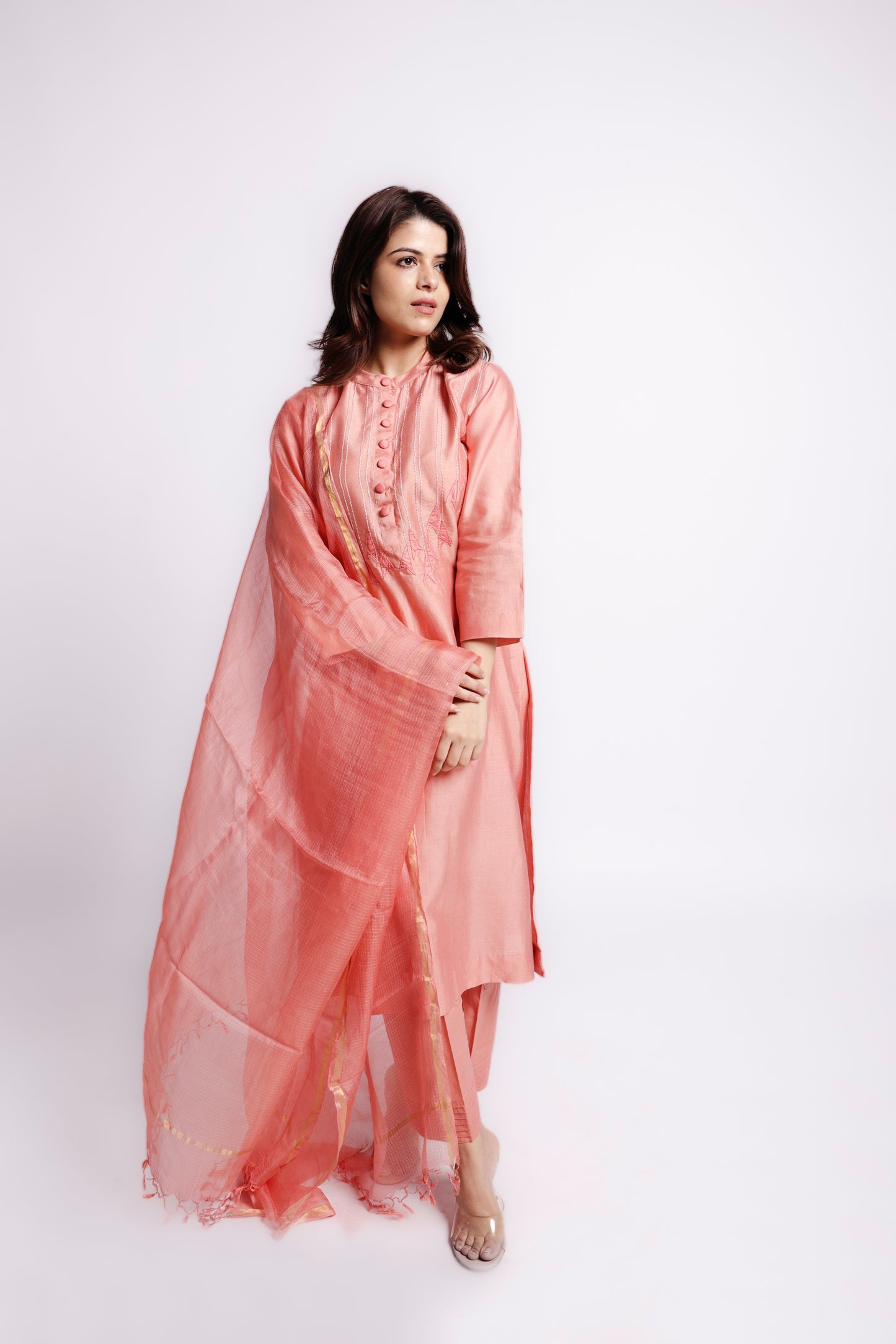 Deep-Peach Applique and Sujani Kurta Set with Kota Silk Dupatta-bihart