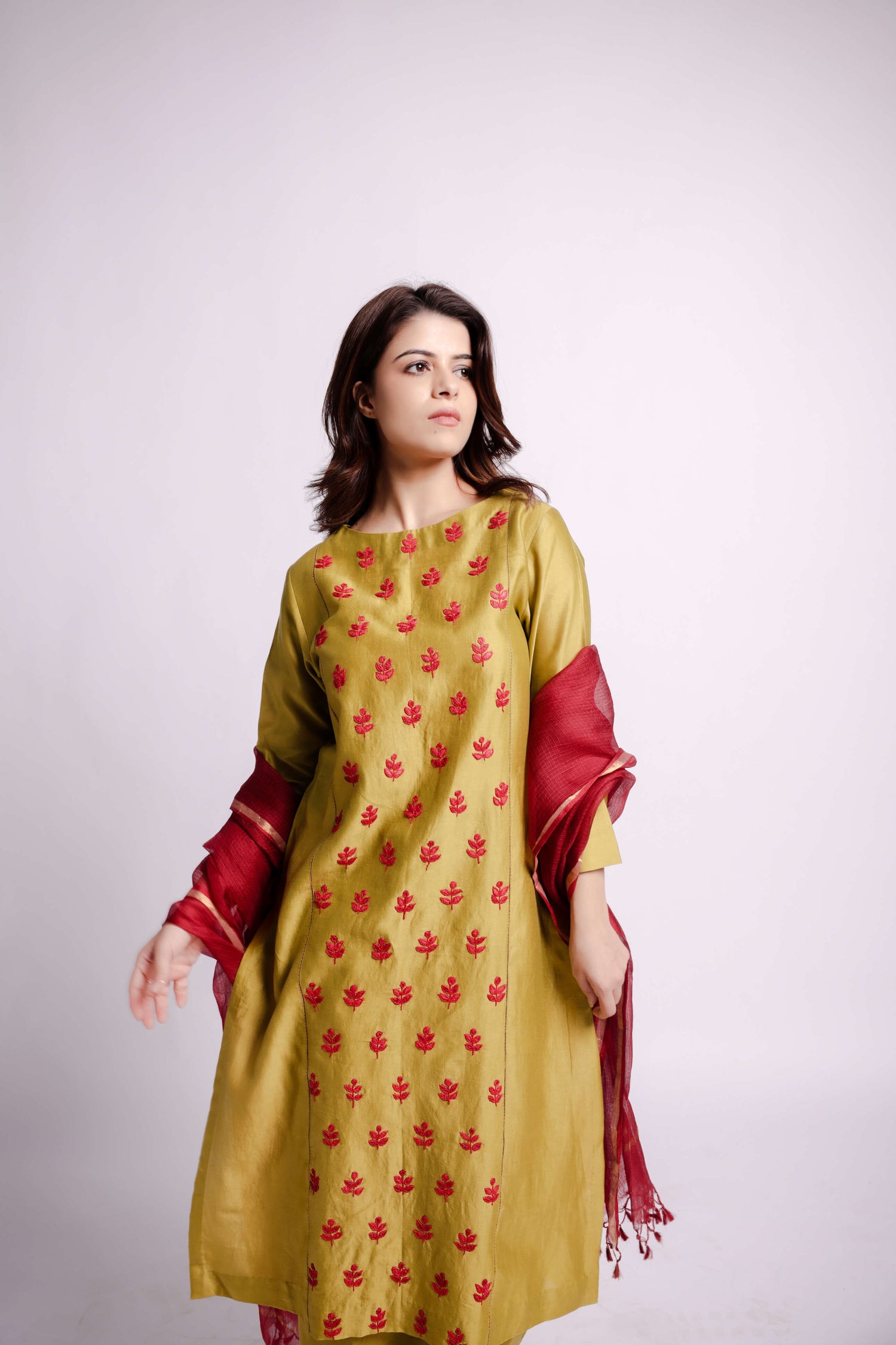 Lime-Green Applique and Sujani Kurta Set with Kota Silk Dupatta-bihart