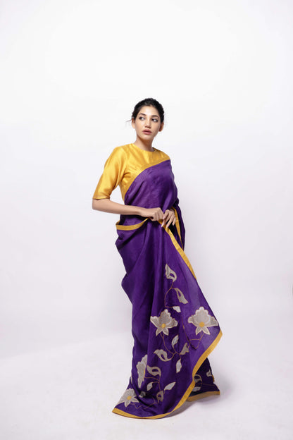 Purple-Wild Silk Applique Saree-bihart