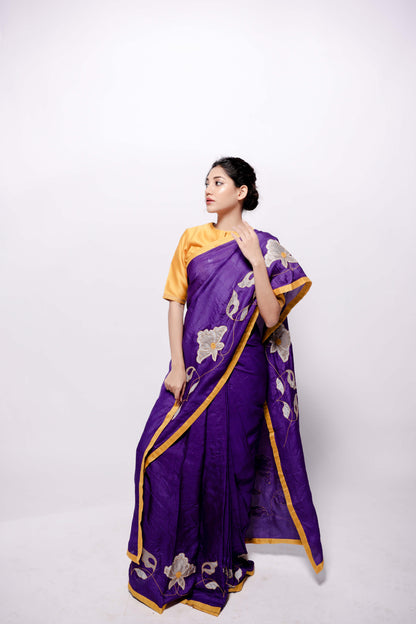 Purple-Wild Silk Applique Saree-bihart