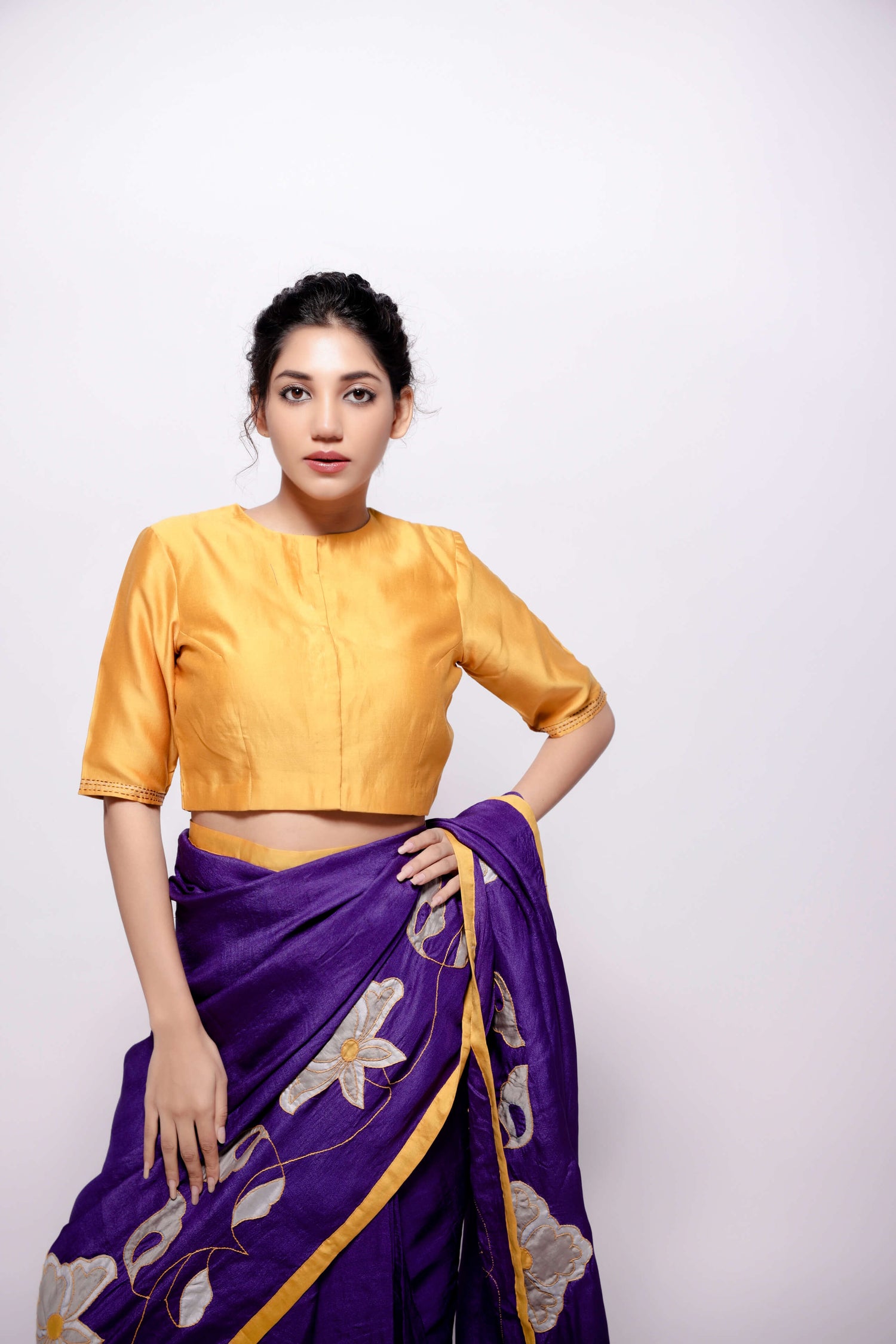 Mustard Yellow Zero Neck Sujani Embroidered Regular Elbow Sleeve Chanderi Blouse-bihart