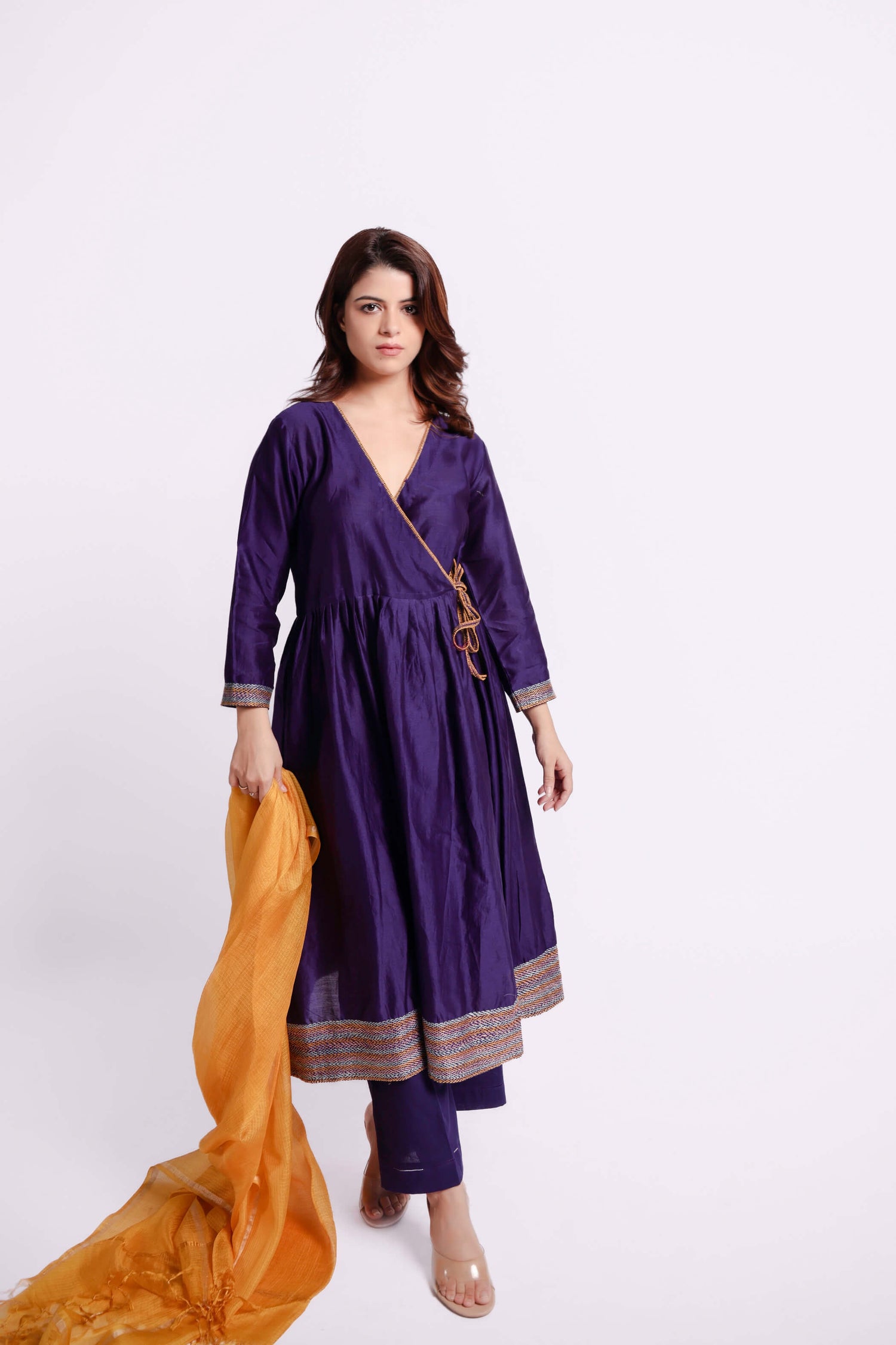 Purple-Sujani Embroidered Angrakha Set with Kota Silk Dupatta-bihart