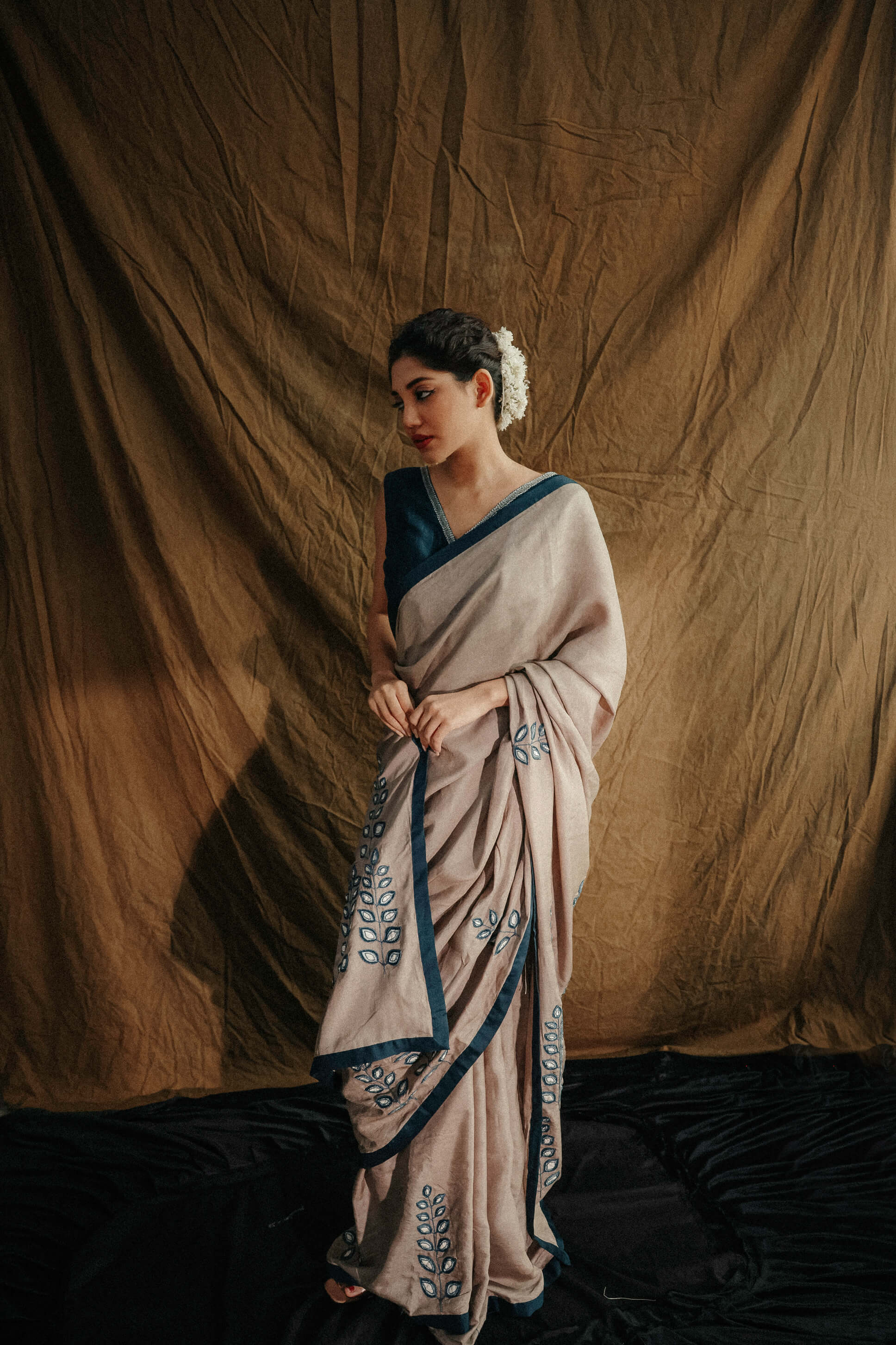 Beige-Wild Silk Applique Saree-bihart