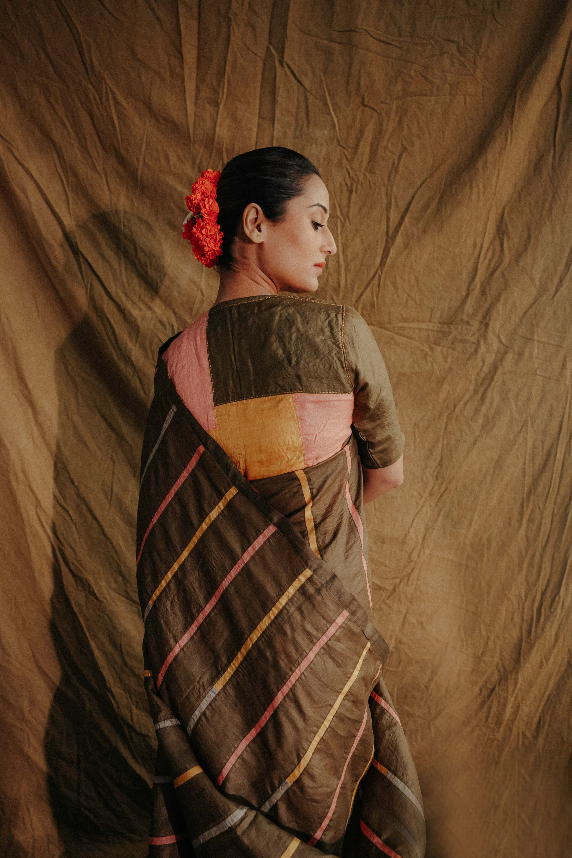 Olive-Green Multi-Colour Block Sujani Embroidered Wild Silk Saree-bihart