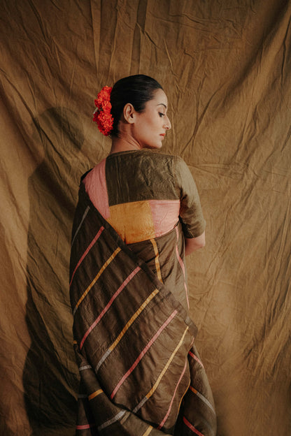 Olive-Green Multi-Colour Block Sujani Embroidered Wild Silk Saree-bihart