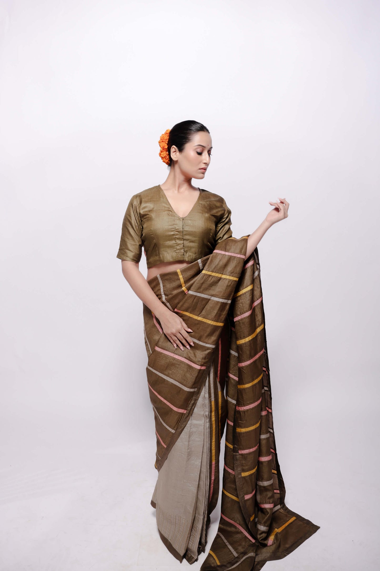 Olive-Green Multi-Colour Block Sujani Embroidered Wild Silk Saree-bihart