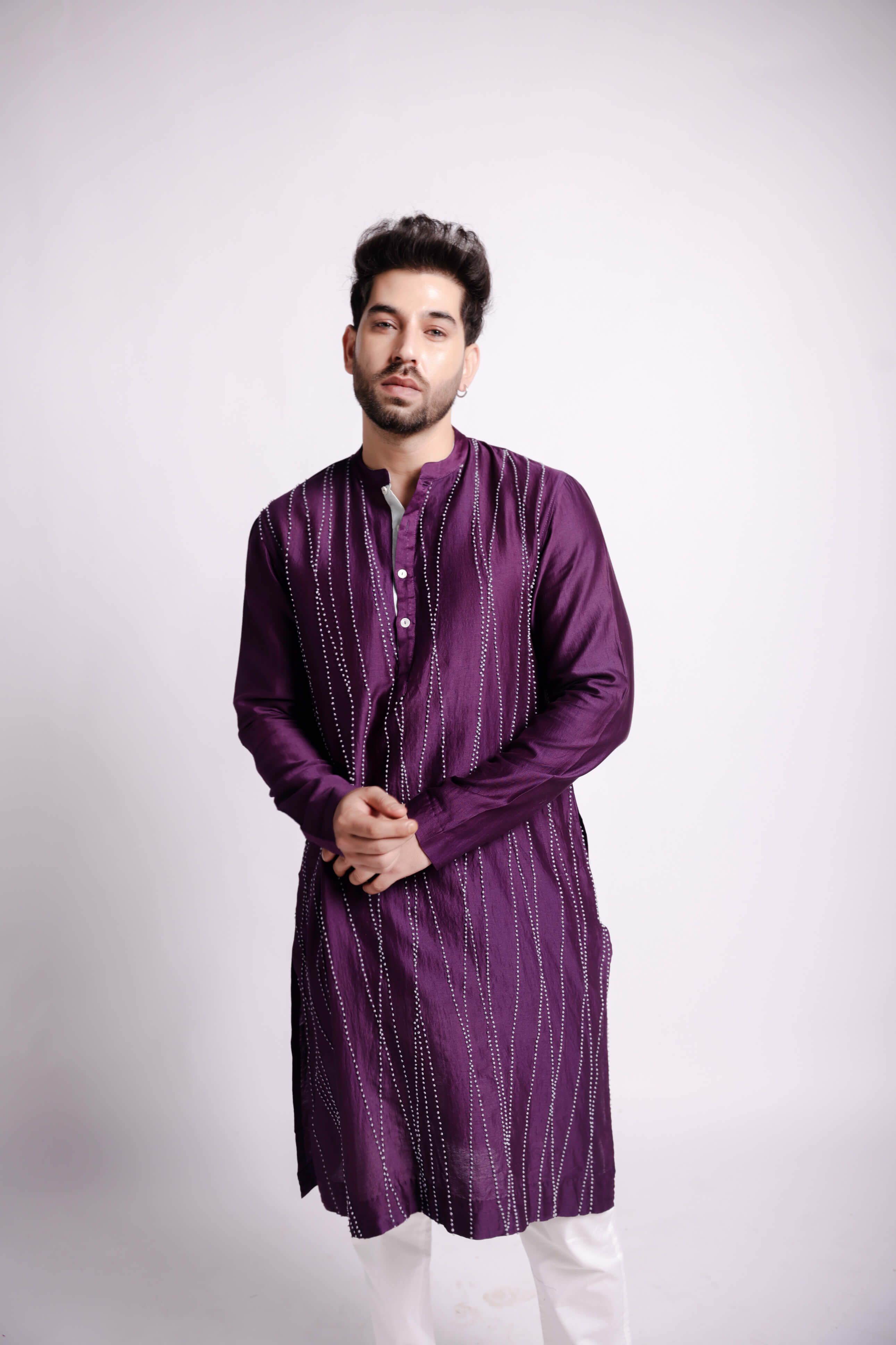 Men Purple Chanderi Kurta Handcrafted with Aari Embroidery