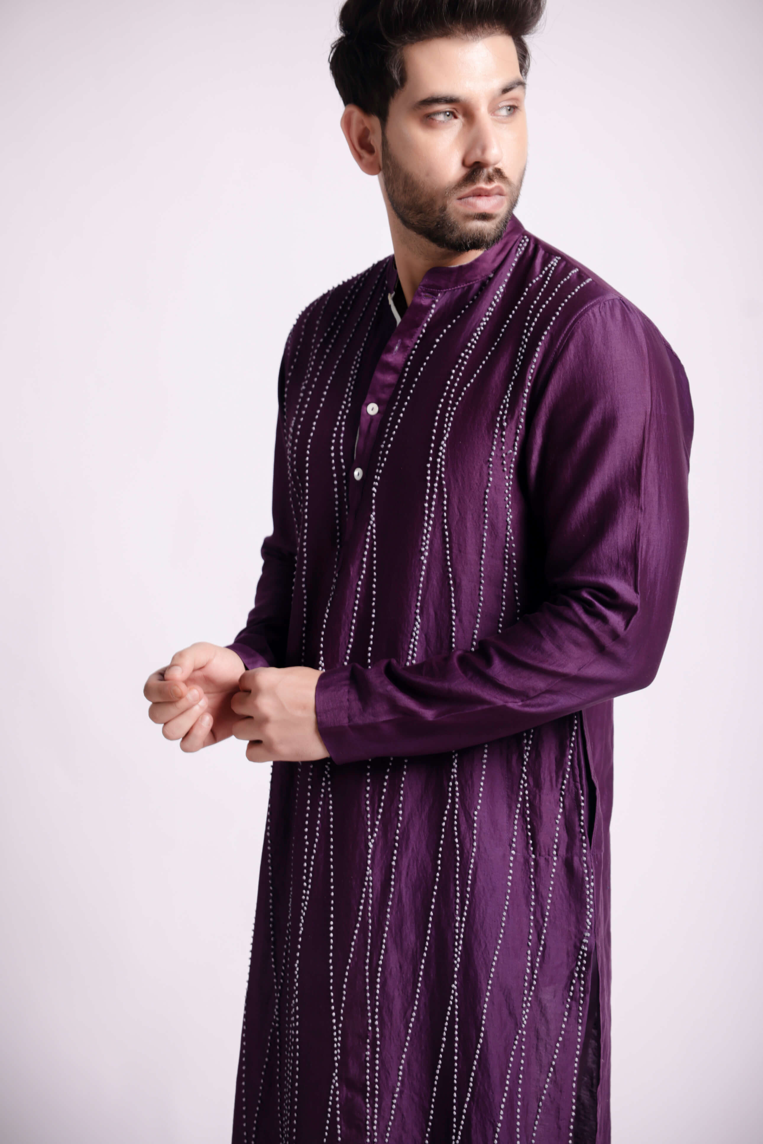 Men Purple Chanderi Kurta Handcrafted with Aari Embroidery