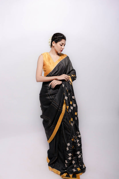 Black-Wild Silk Applique Saree-bihart