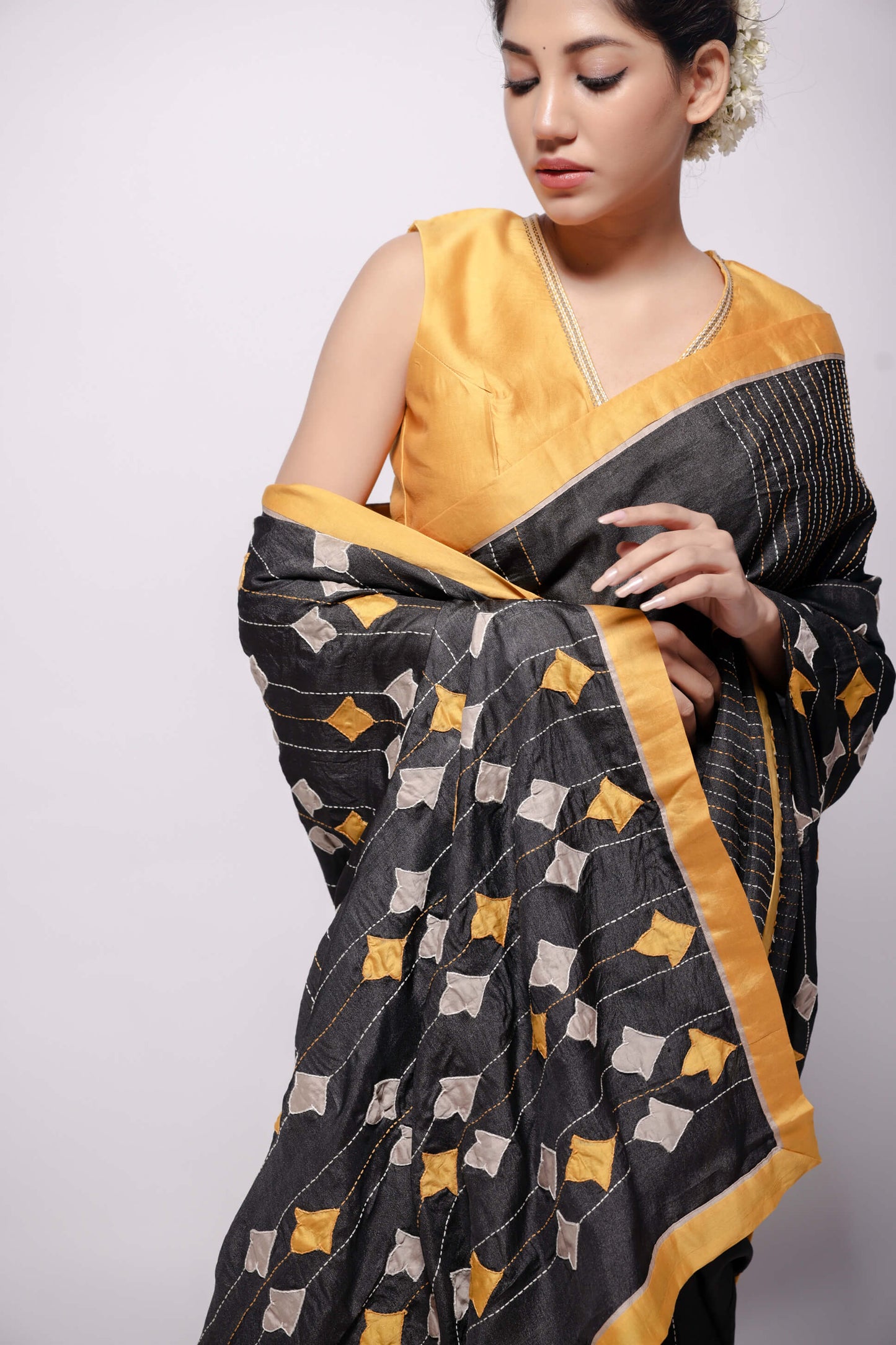 Black-Wild Silk Applique Saree-bihart